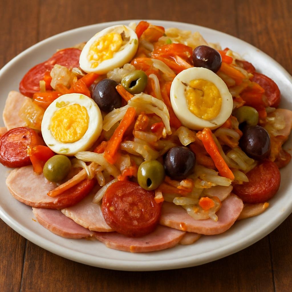 Entree: Guatemala – National Cuisine – Fiambre (Cold layered Guatemalan platter of assorted cooked meats, pickled vegetables, eggs and olives dressed in vinaigrette) recipe