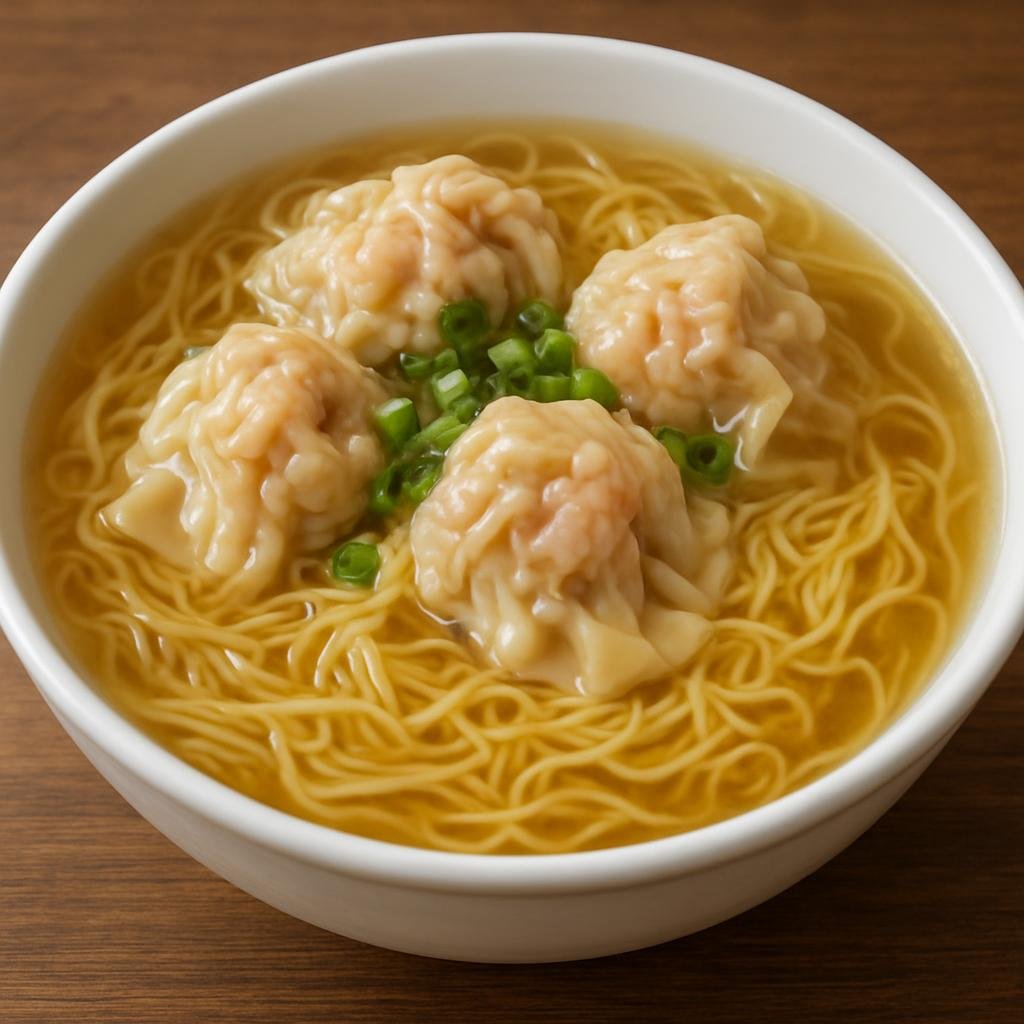Entree: Hong Kong – National Cuisine – 雲吞麵 ➤ wan4 tan1 min6 (Egg noodles in clear savory broth topped with pork-and-shrimp wontons) recipe