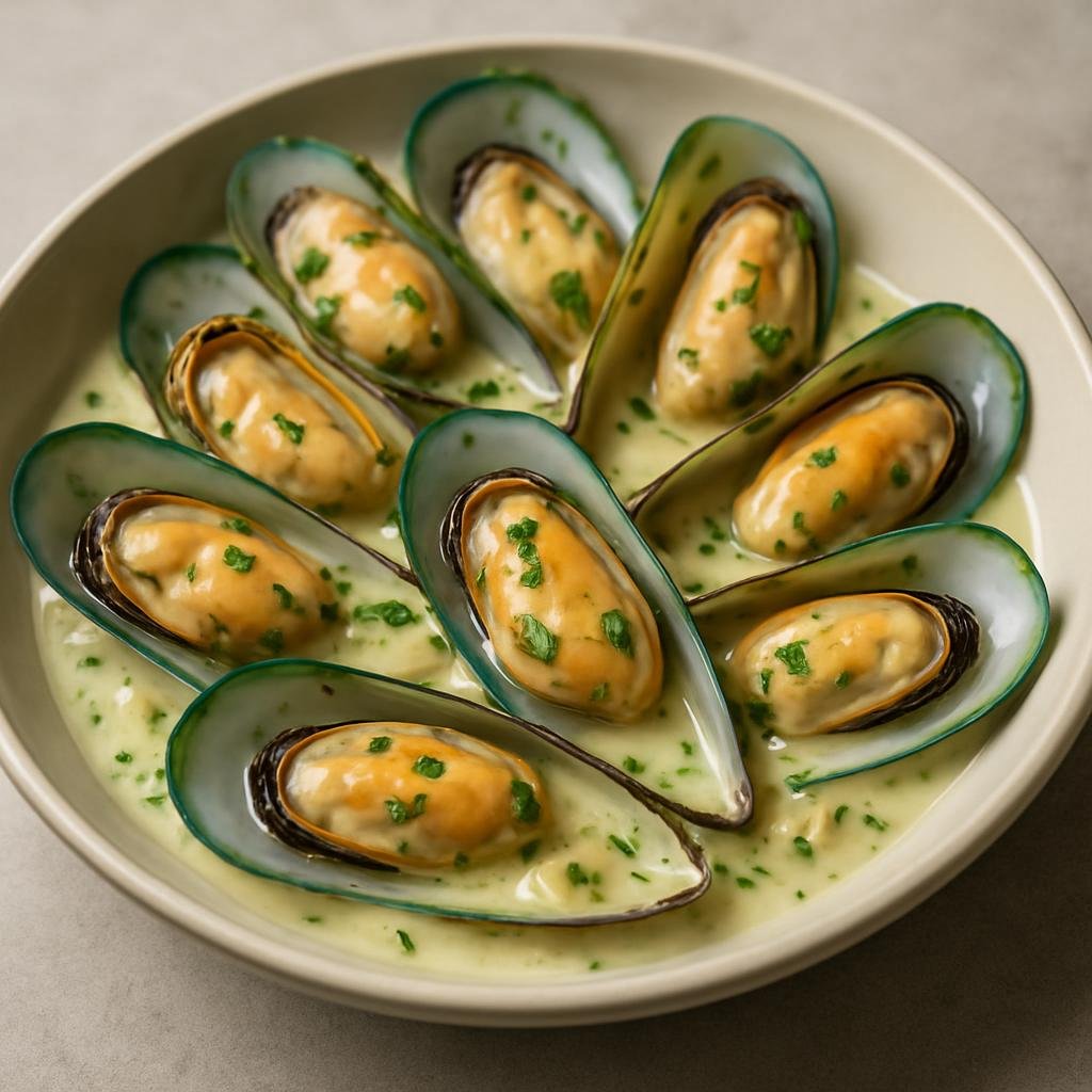 Entree: New Zealand – Auckland & North Island – Green-Lipped Mussels (New Zealand’s large native mussels steamed in a garlicky white-wine and cream broth and served in their shells) recipe