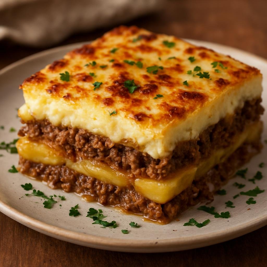 Entree: North Macedonia – National Cuisine – Мусака ➤ Musaka (Baked layered casserole of sliced potatoes and seasoned ground meat finished with an egg custard) recipe