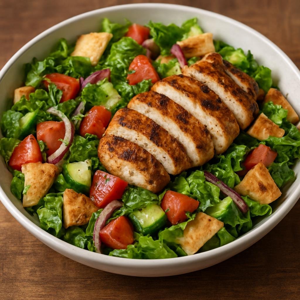 Entree: Palestine – National Cuisine – فتوش مع دجاج مشوي ➤ Fattoush ma'a dajaj mashwi (Levantine chopped vegetable salad with toasted pita and marinated grilled chicken) recipe