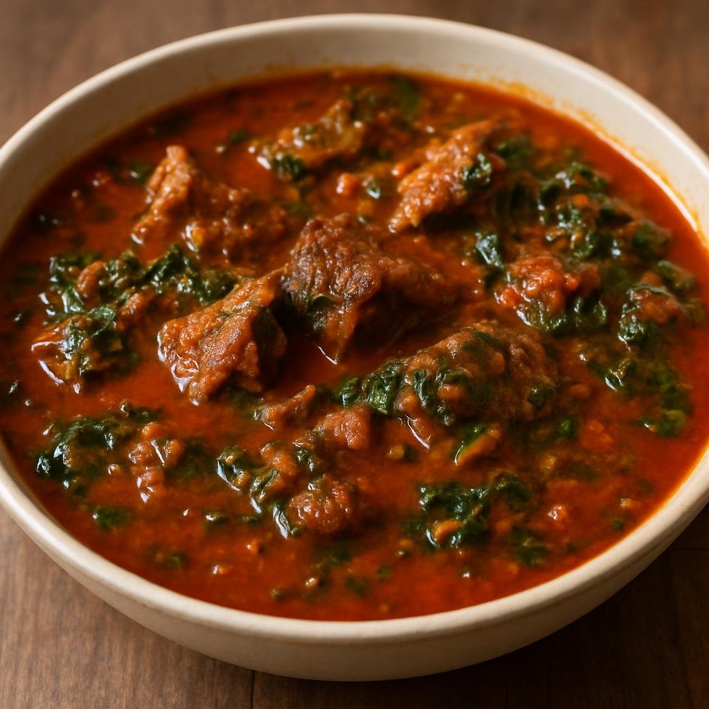 Entree: Sierra Leone – National Cuisine – Palm Oil Soup (Hearty West African soup of meat or fish simmered in red palm oil with greens and spices) recipe