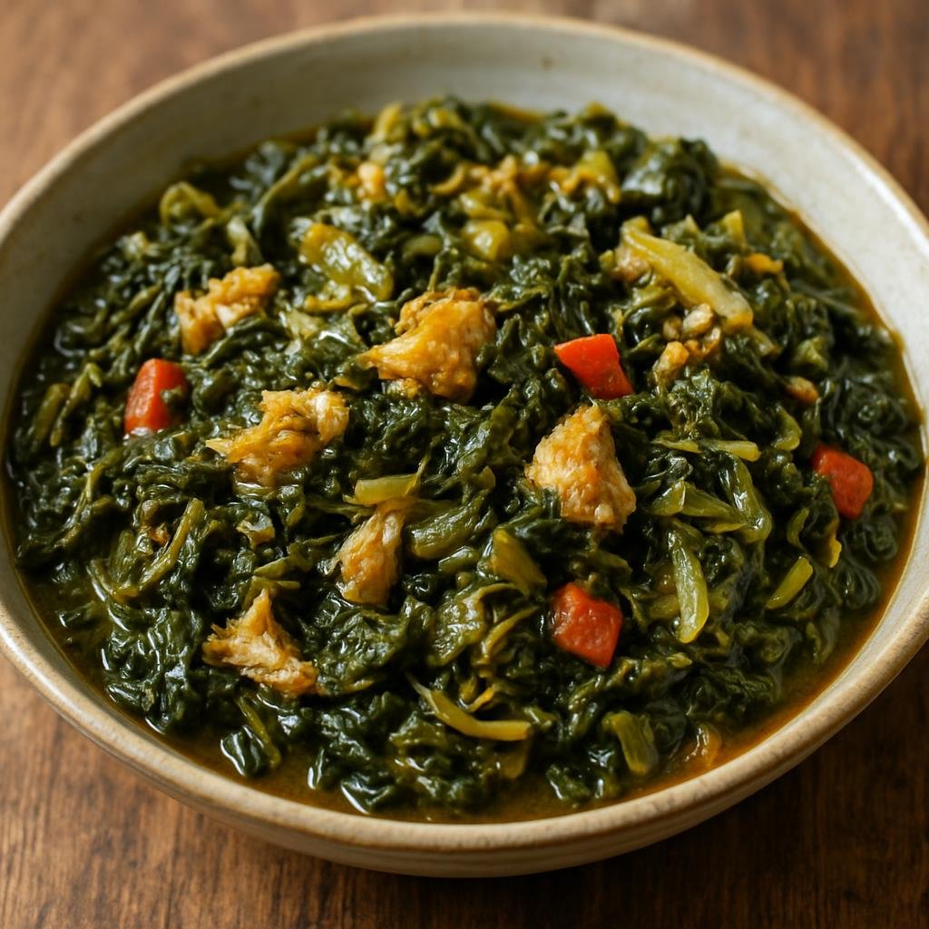 Entree: Sint Maarten (Dutch part) – National Cuisine – Callaloo with Saltfish (Stewed Caribbean leafy greens cooked with salted cod and aromatic seasonings) recipe