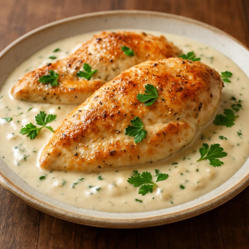 Entree: Slovakia – National Cuisine – Kuracie Prsia na Smotane (Pan-seared chicken breasts simmered in a creamy sour cream sauce) recipe