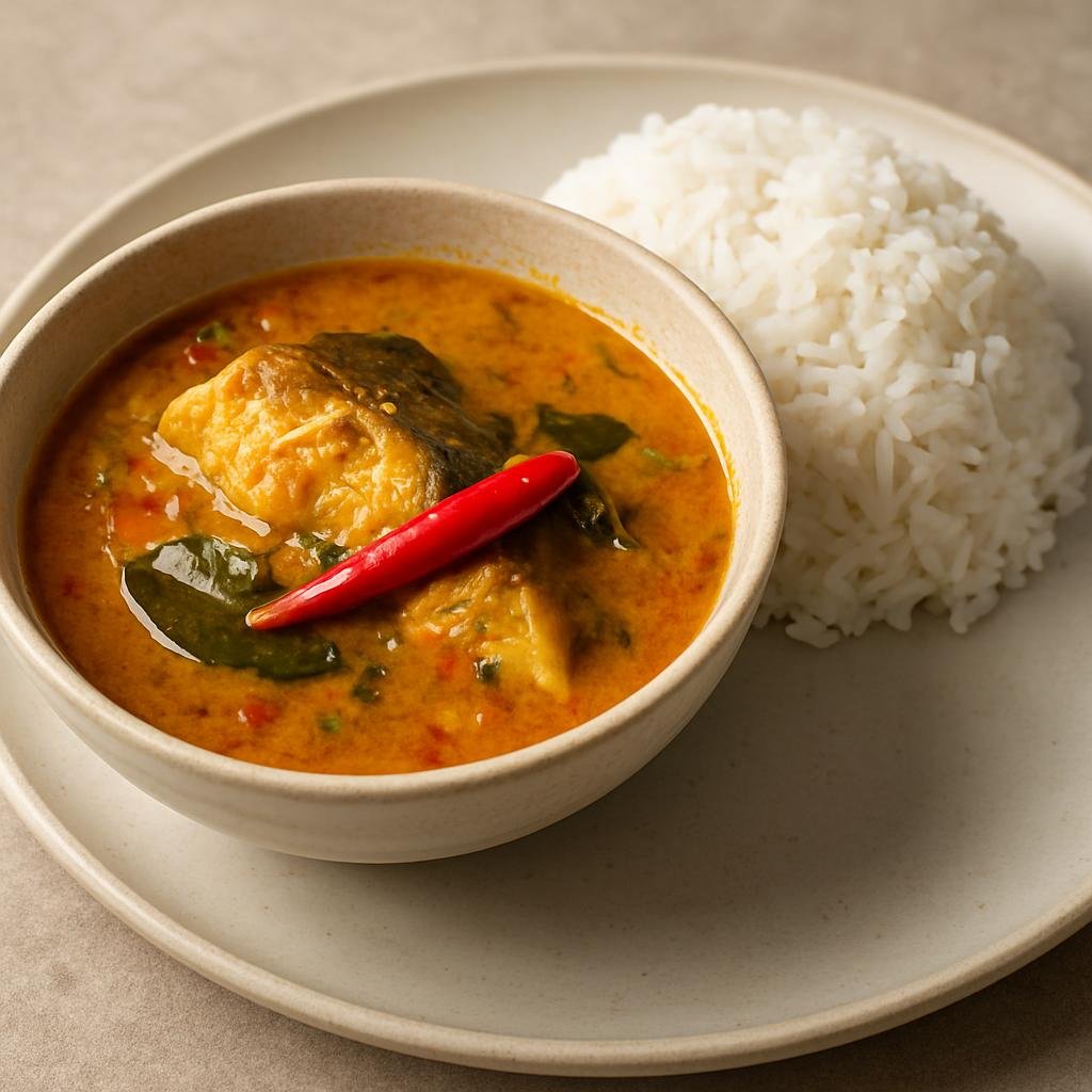 Entree: Timor-Leste – National Cuisine – Budu (Timorese coconut fish stew simmered with aromatics, tamarind, and chilies served with rice) recipe