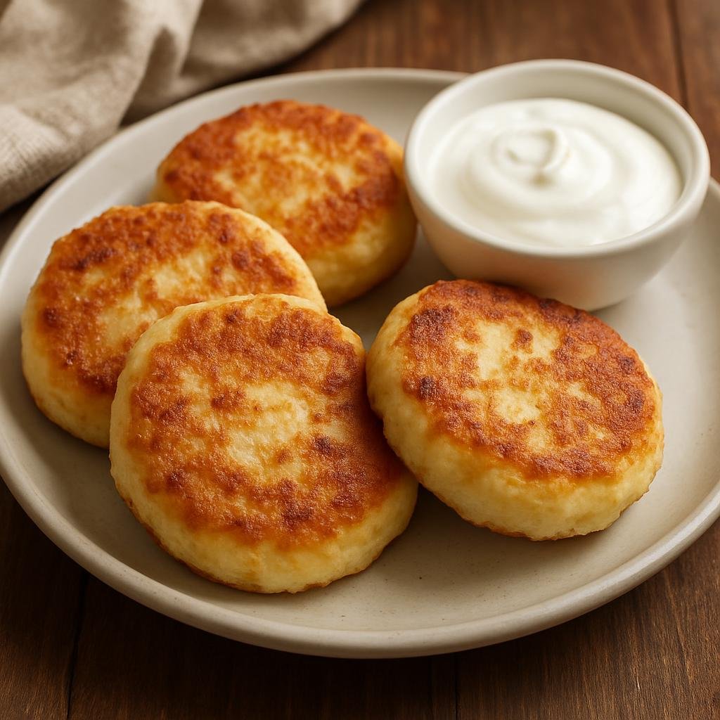 Entree: Belarus – Tsibriki (Pan-fried potato and cheese patties commonly served with sour cream) recipe