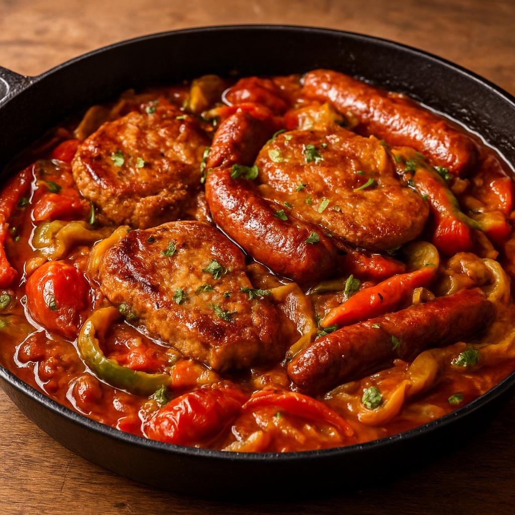 Entree: Croatia – Central Culinary Region – Kotlovina (Hearty Croatian skillet of seared pork chops and smoked sausage braised with peppers, onions, tomatoes, and wine) recipe