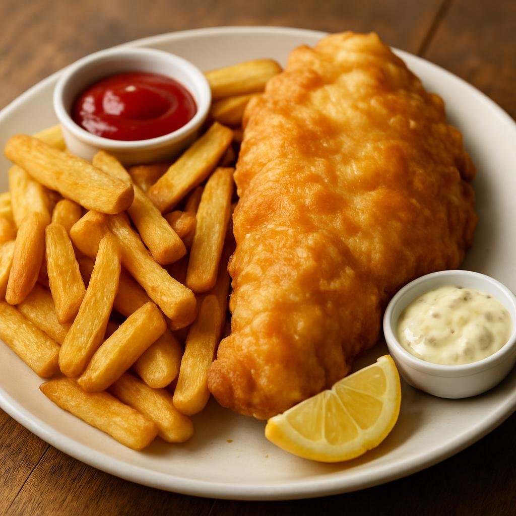 Entree: Gibraltar – Gibraltar-style Fish and Chips (Battered and fried Mediterranean white fish served with hand-cut fried potatoes and traditional condiments) recipe