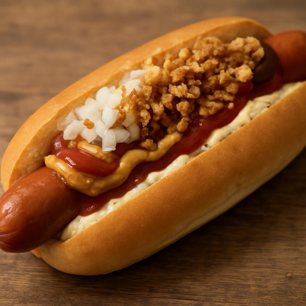 Entree: Iceland – Pylsur (Icelandic hot dog served in a soft bun with sweet brown mustard, remoulade, ketchup and both raw and crispy fried onions) recipe