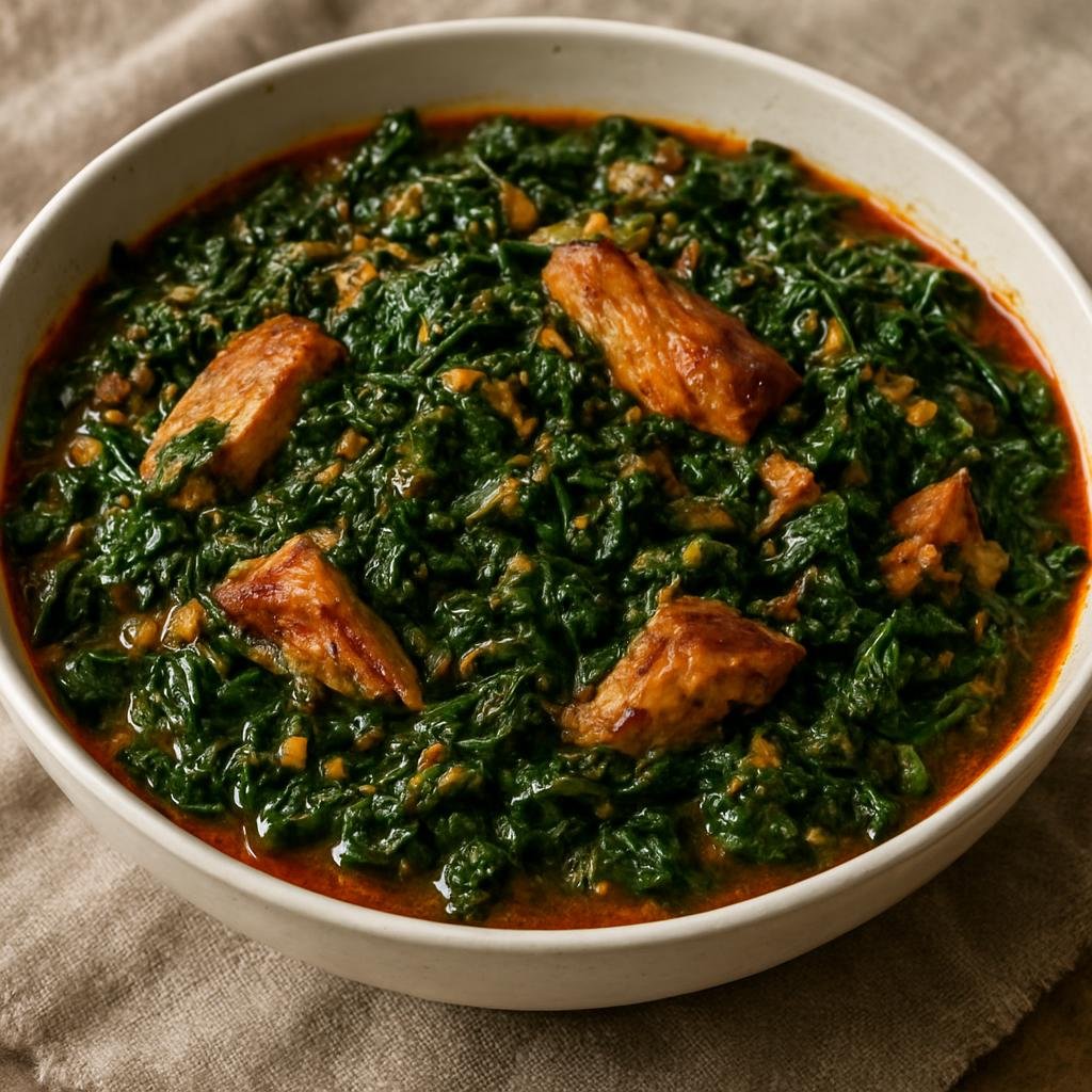 Entree: Liberia – Potato Greens (West African sautéed leafy greens cooked with smoked fish, palm oil, and seasonings) recipe