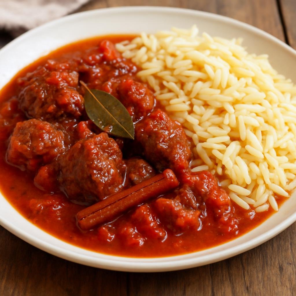 Entree: Greece – Aegean Islands – Κοκκινιστό ➤ Kokkinistó (Greek tomato-braised red meat stew flavored with cinnamon and bay, served with pasta or rice) recipe