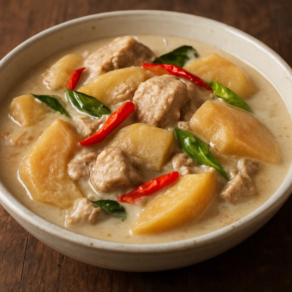 Entree: Philippines – Bicol – Ginataang Santol (Santol fruit stewed in coconut milk with pork and spicy aromatics) recipe