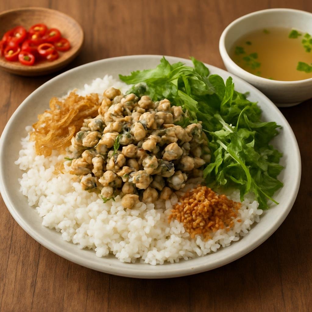 Entree: Vietnam – Central Vietnam – Cơm Hến (Rice topped with small river clams, crunchy garnishes, herbs, and a light clam broth) recipe