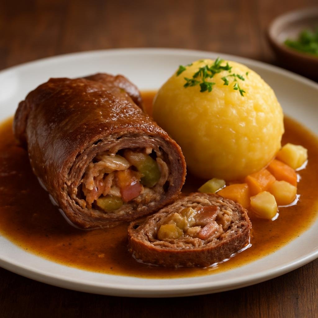 Entree: Austria – Central Culinary Region – Rindsroulade (Braised thin beef rolls filled with bacon, onions, mustard and pickles) recipe