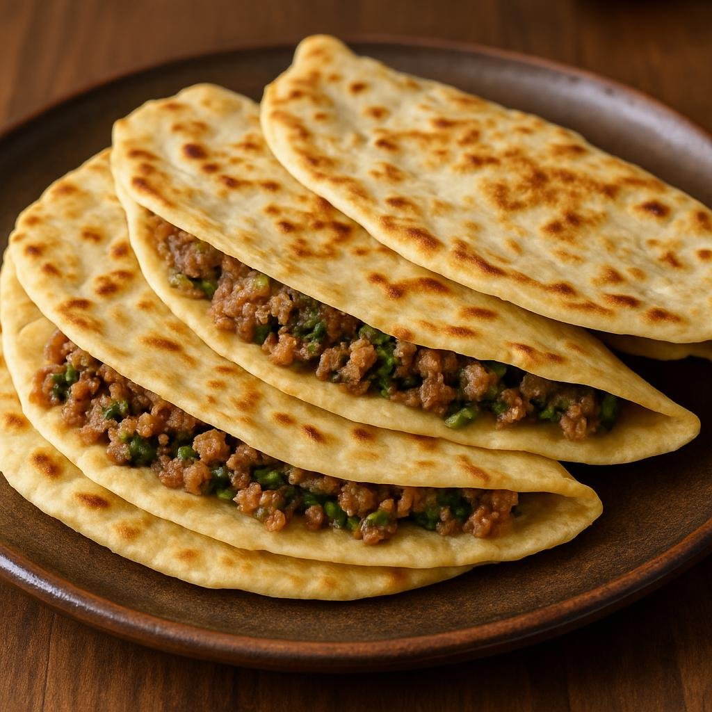 Entree: Azerbaijan – Azeri Northwest – Qutab (Thin folded flatbreads filled with spiced minced lamb and fresh herbs, cooked on a griddle) recipe