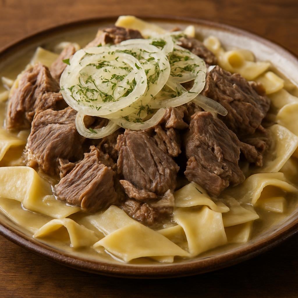 Entree: Uzbekistan – Bukhara – Beshbarmak (Boiled meat served over hand-cut flat noodles with onion broth) recipe