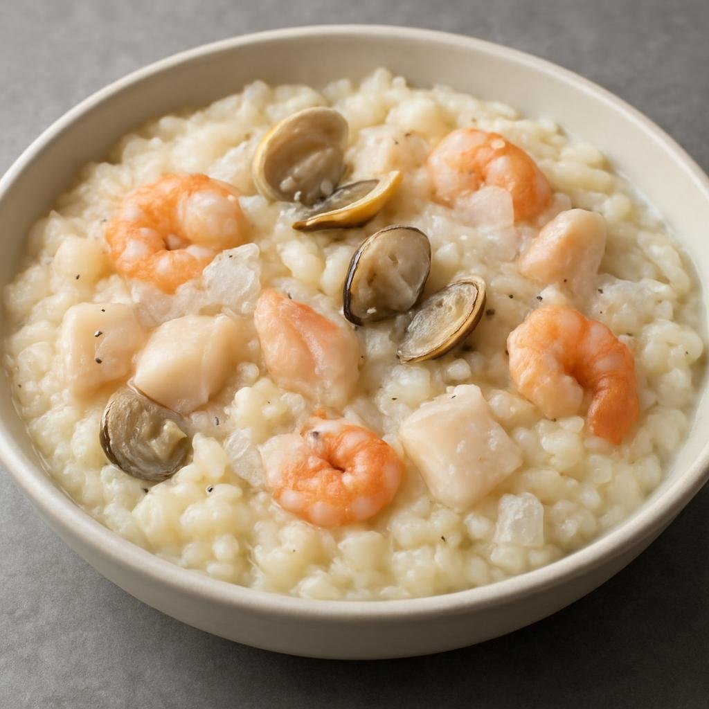 Entree: Antarctica – Central Culinary Region – Frozen Oceanic Risotto (A chilled seafood risotto made with frozen ocean-caught fish and shellfish, finished creamy and slightly icy) recipe