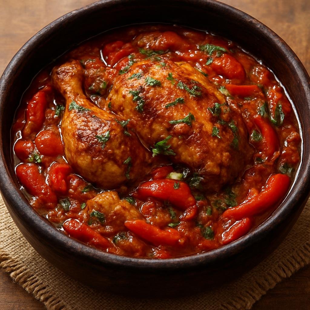 Entree: Burkina Faso – Central Culinary Region – Kedjenou (A slow-braised West African chicken stew cooked in a sealed pot so the bird steams in its own juices with tomatoes, peppers, and aromatic herbs) recipe