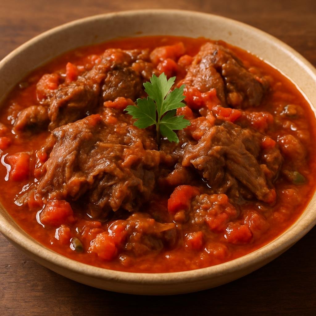 Entree: Cape Verde – Central Culinary Region – Guisado de Cabrito (Slow-braised Cape Verdean goat stew flavored with tomatoes, wine, and island spices) recipe