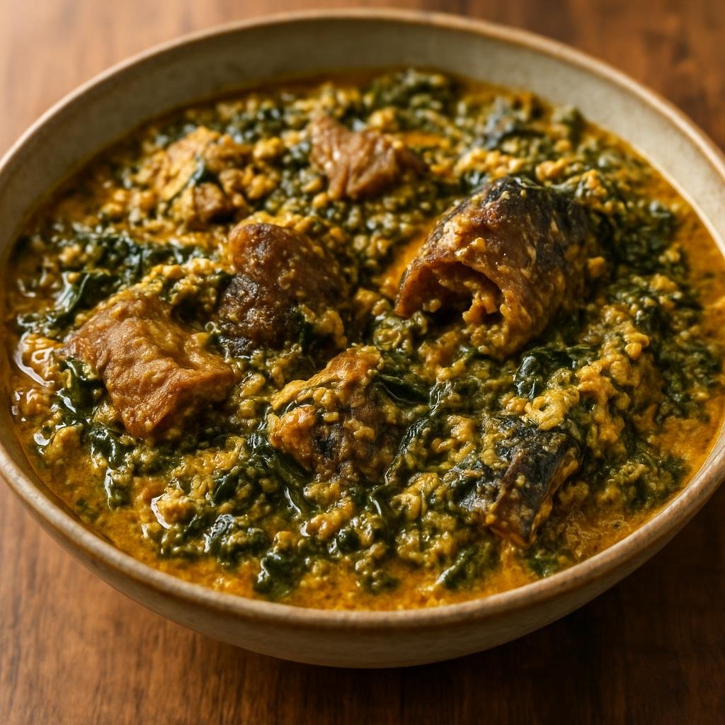 Entree: Central African Republic – Central Culinary Region – Egusi Soup (Thick West African soup made from ground melon seeds cooked with meat, smoked fish, and leafy greens) recipe