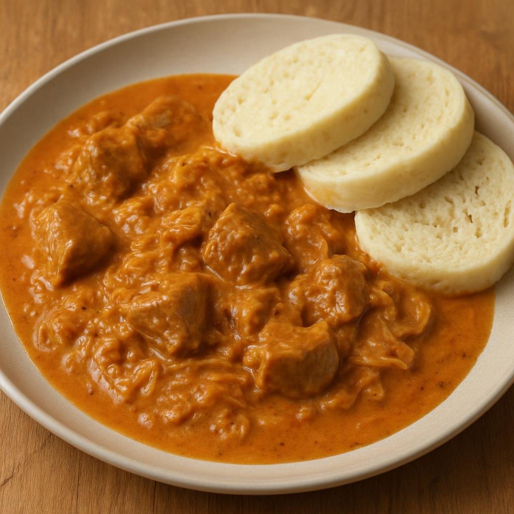 Entree: Czechia – Bohemia – Segedínský guláš (Pork and sauerkraut goulash stewed with paprika and cream) recipe