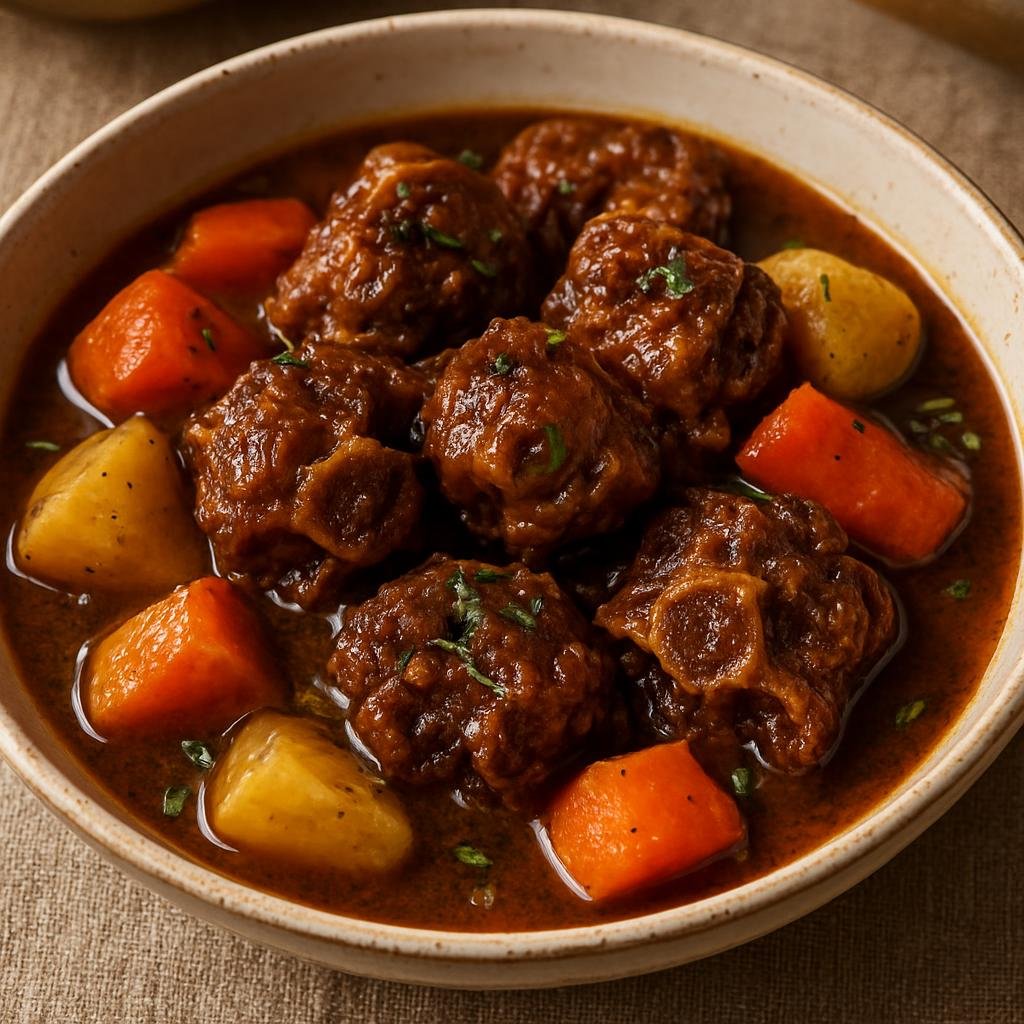 Entree: Dominica – Central Culinary Region – Stewed Oxtail (Rich slow-braised Caribbean oxtail in a deeply flavored brown gravy with root vegetables and island herbs) recipe