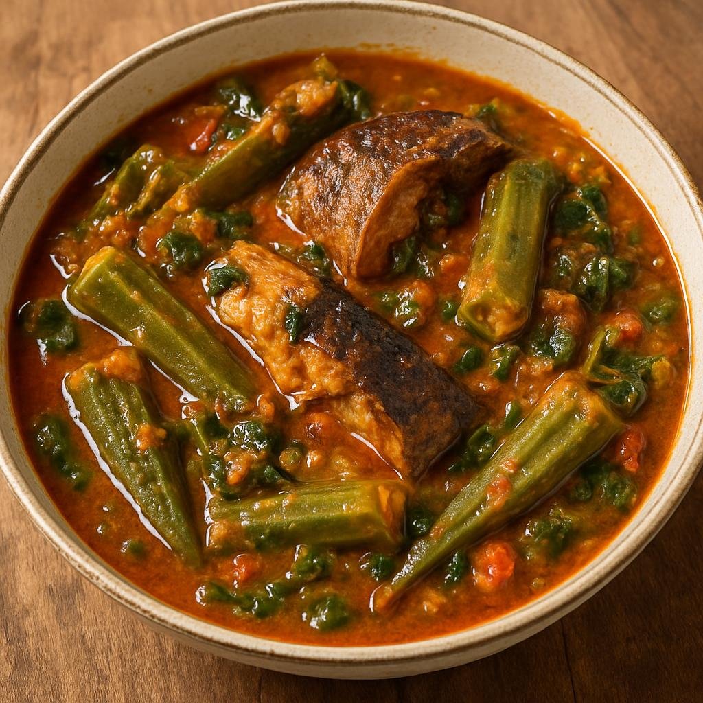 Entree: Equatorial Guinea – Central Culinary Region – Okra Stew (Hearty tomato-and-okra stew with smoked fish, aromatic spices, and greens) recipe