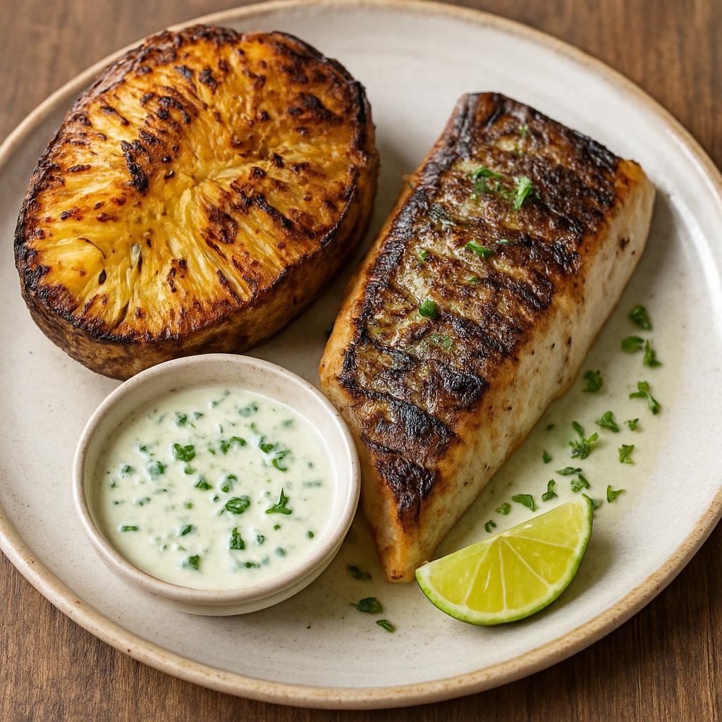 Entree: French Polynesia – Central Culinary Region – Roasted Breadfruit with Fish (Roasted breadfruit served with grilled island fish and a coconut-lime sauce) recipe