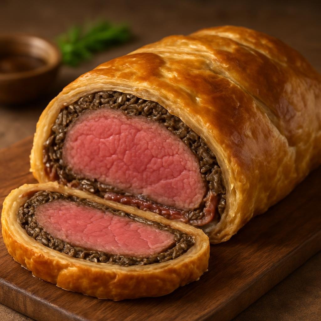 Entree: French Southern Territories – Central Culinary Region – Boeuf en Croûte (Beef tenderloin wrapped in pastry with mushroom duxelles and prosciutto) recipe