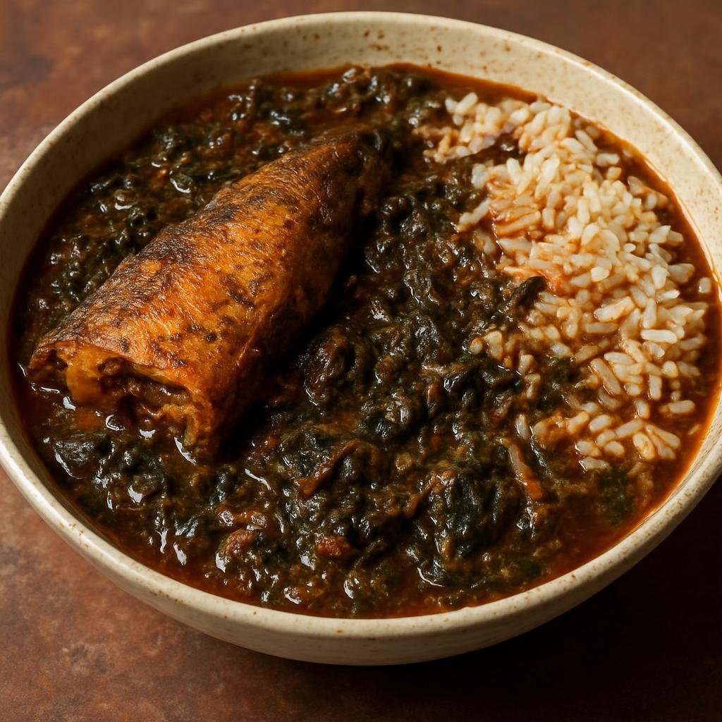 Entree: Senegal – Casamance – Lakhou Bissap (Hearty Casamance-style stew of smoked fish and rice cooked with hibiscus leaves and West African aromatics) recipe