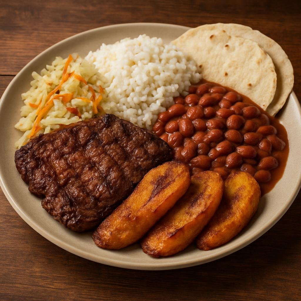 Entree: Honduras – National Cuisine – Plato Típico (Traditional Honduran mixed plate of grilled beef served with rice, stewed beans, fried ripe plantains, fresh curtido and tortillas) recipe