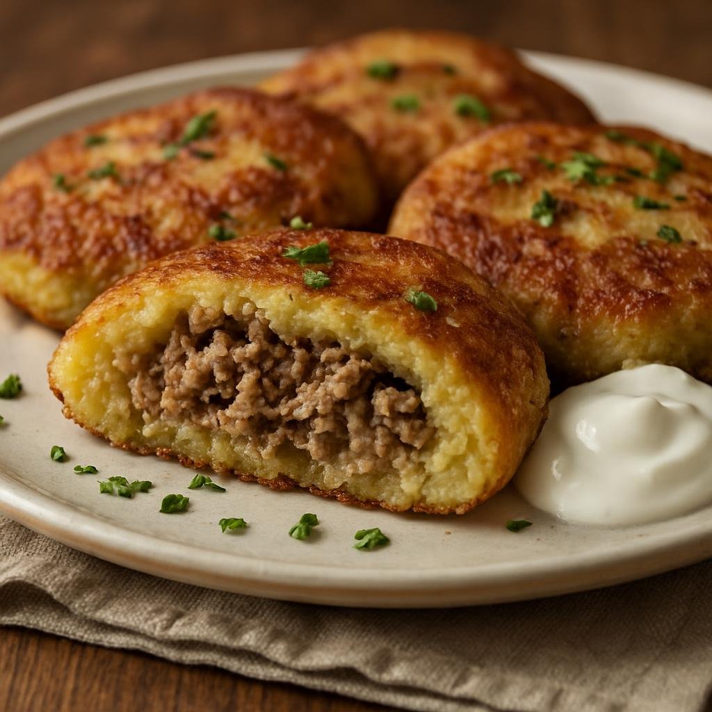 Entree: Lithuania – National Cuisine – Žemaičių blynai (Samogitian stuffed potato pancakes made from grated potatoes and filled with seasoned meat) recipe