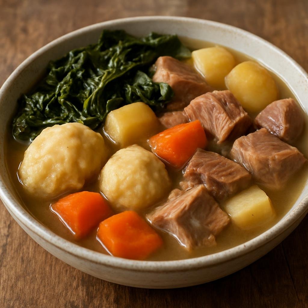 Entree: New Zealand – Auckland & North Island – Boil-Up (Hearty Kiwi boiled meal of pork, root vegetables, greens, and dumplings) recipe