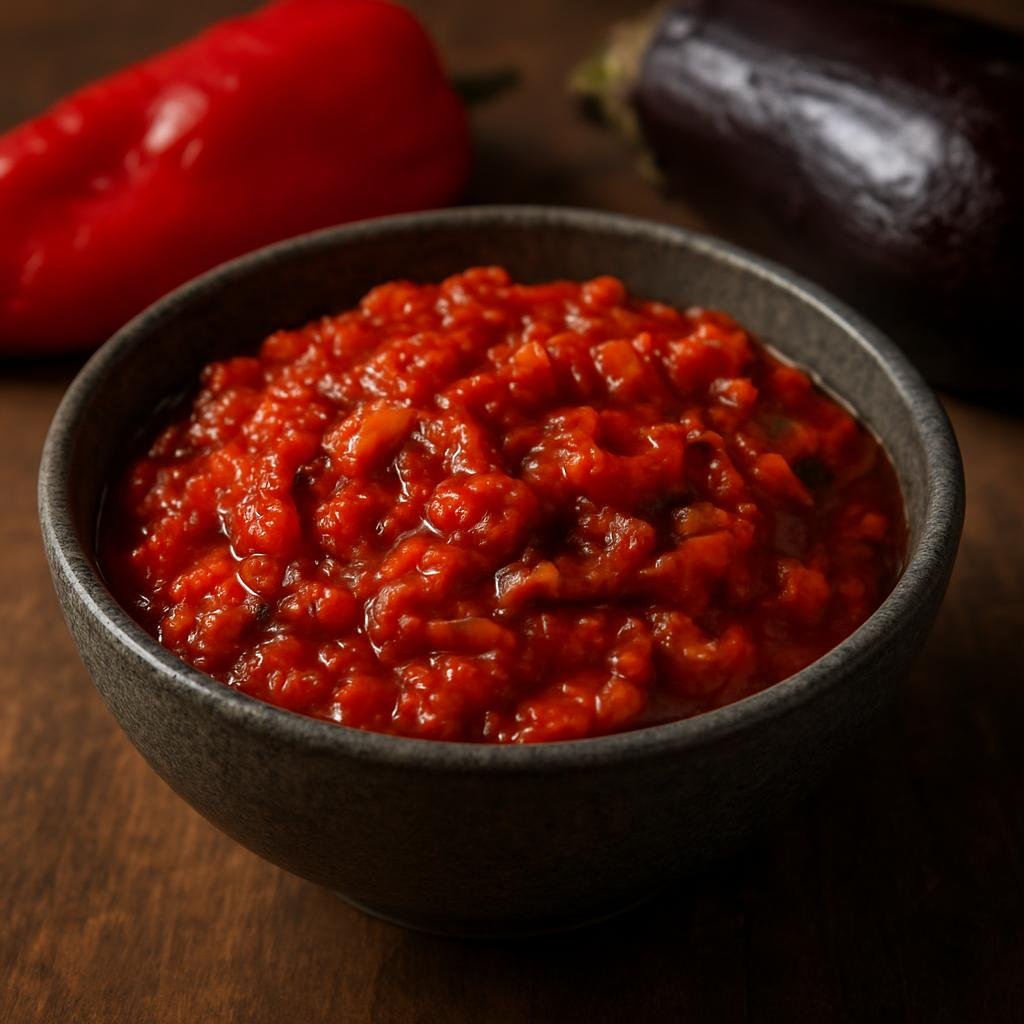 Entree: North Macedonia – National Cuisine – Пинџур ➤ Pindžur (Smoky roasted red pepper and eggplant relish used as a spread or accompaniment) recipe