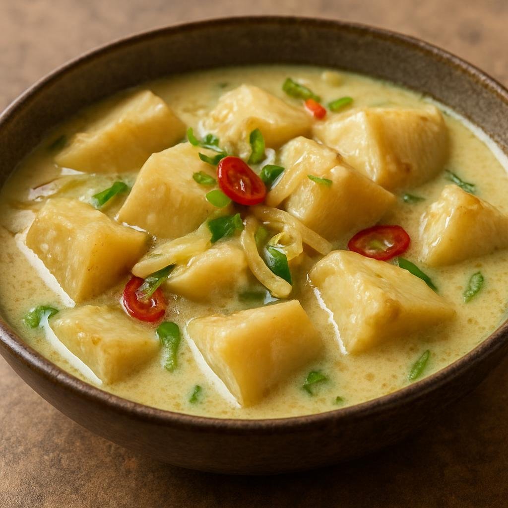 Entree: Papua New Guinea – National Cuisine – Yam and Coconut (Stewed yam cooked in a rich coconut milk sauce with aromatics) recipe