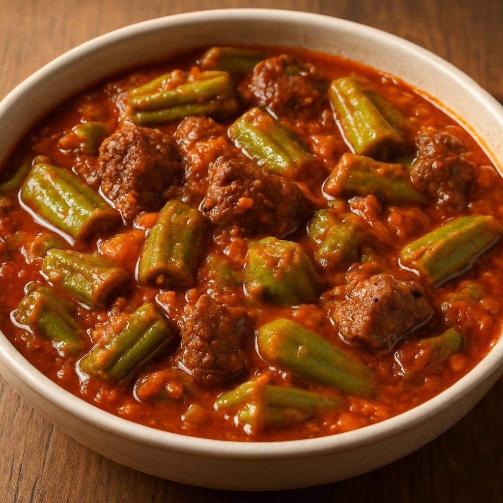 Entree: Sierra Leone – National Cuisine – Okra Stew (Thick okra and tomato stew with beef, palm oil, and local seasonings) recipe