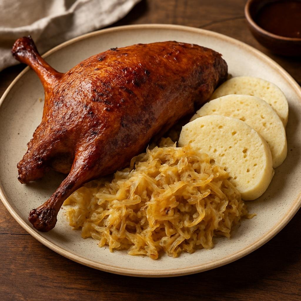 Entree: Slovakia – National Cuisine – Pečená Kačica (Roast goose with crisp skin traditionally served with sauerkraut and dumplings) recipe