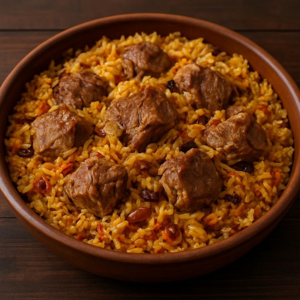 Entree: Turkmenistan – National Cuisine – Gyzyl Gyz (Traditional Turkmen baked lamb and rice casserole seasoned with warm Central Asian spices) recipe