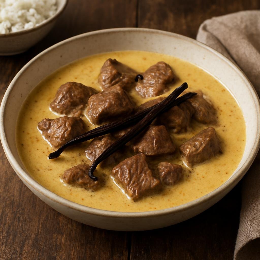 Entree: Wallis and Futuna – National Cuisine – Boeuf à la Vanille (Braised beef simmered in a fragrant vanilla-scented coconut sauce) recipe