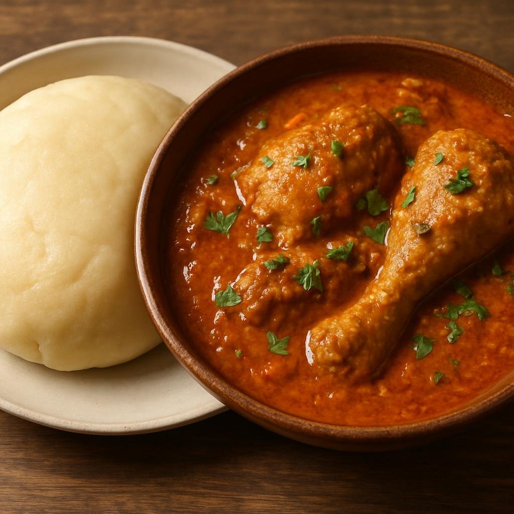 Entree: Benin – Fufu with Peanut Sauce (Starchy pounded dough served with a rich, savory peanut and tomato stew often containing chicken) recipe