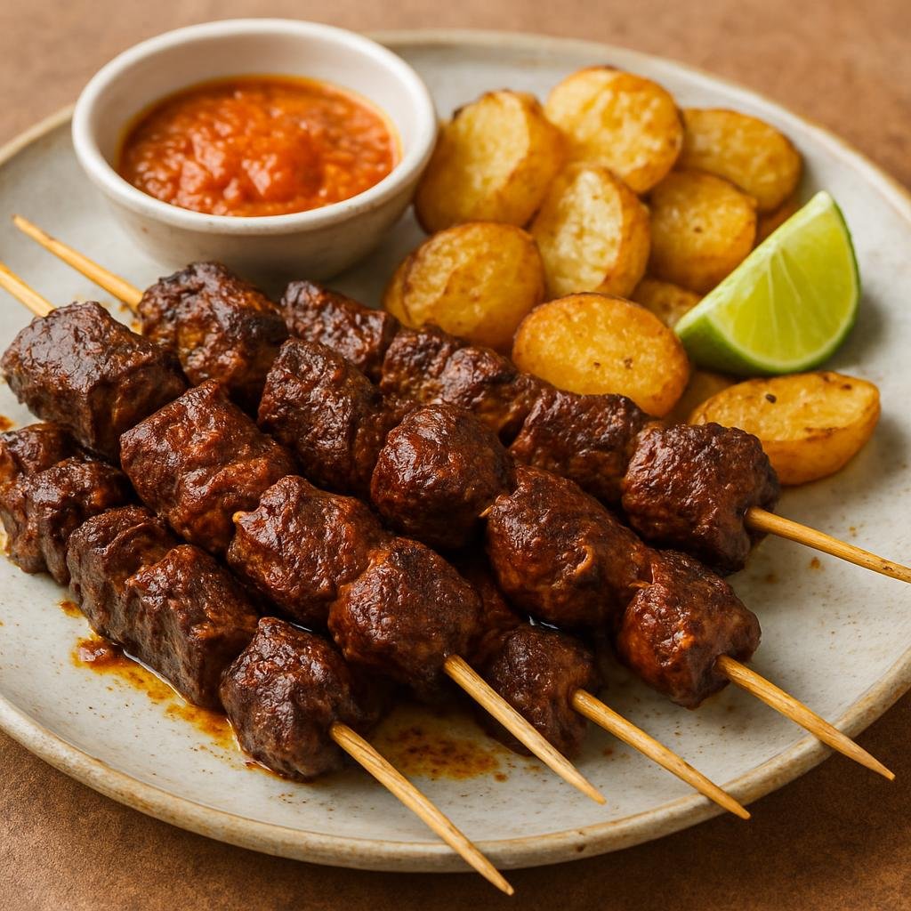 Entree: Bolivia – Anticuchos (Skewered grilled marinated meat, traditionally beef heart, seasoned with aji peppers and spices) recipe