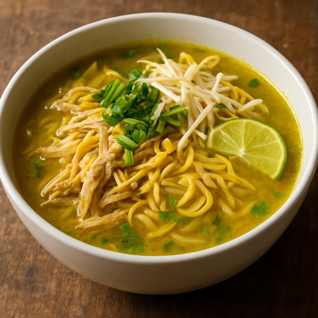 Entree: Cocos (Keeling) Islands – Central Culinary Region – Soto Ayam (Aromatic yellow chicken soup with turmeric, shredded chicken, noodles, and fresh garnishes) recipe