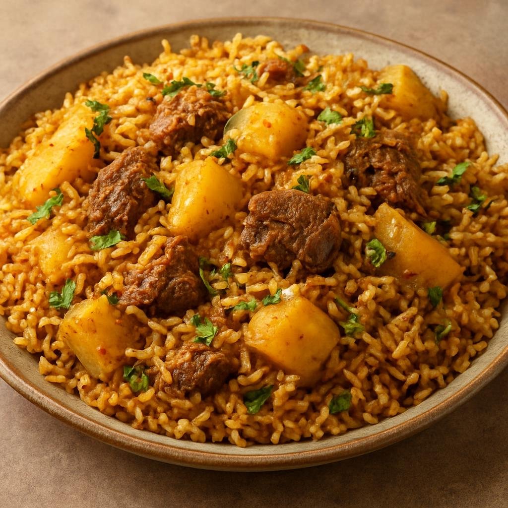 Entree: Comoros – Central Culinary Region – Biryani Comorien (Comorian spiced layered rice cooked with meat and potatoes) recipe