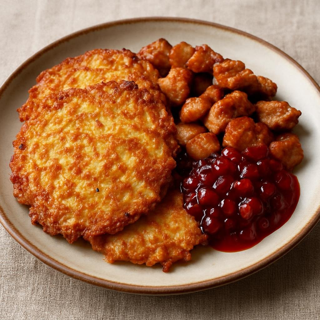 Entree: Åland Islands – Raggmunk (Crisp grated potato pancakes traditionally served with fried pork and lingonberry) recipe
