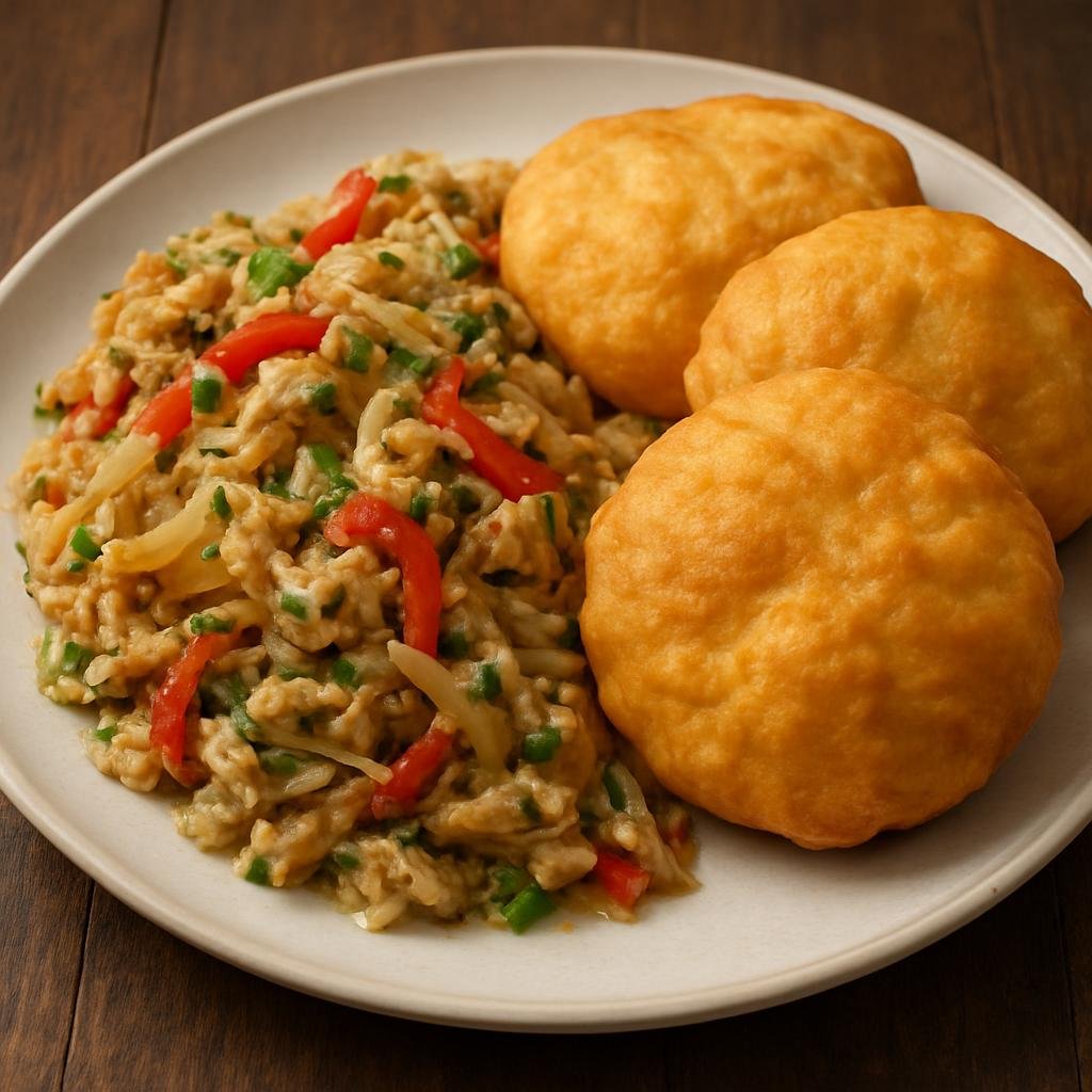 Entree: Grenada – Saltfish and Bakes (Salted cod cooked with onions, peppers, and herbs served with fried bakes (Caribbean fried bread) recipe