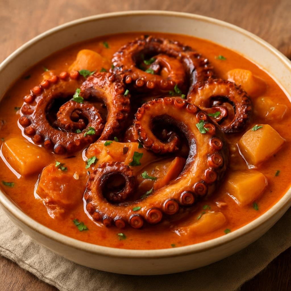 Entree: Guam – Kadon Octopus (Chamorro-style octopus stew in a savory coconut milk and annatto broth) recipe