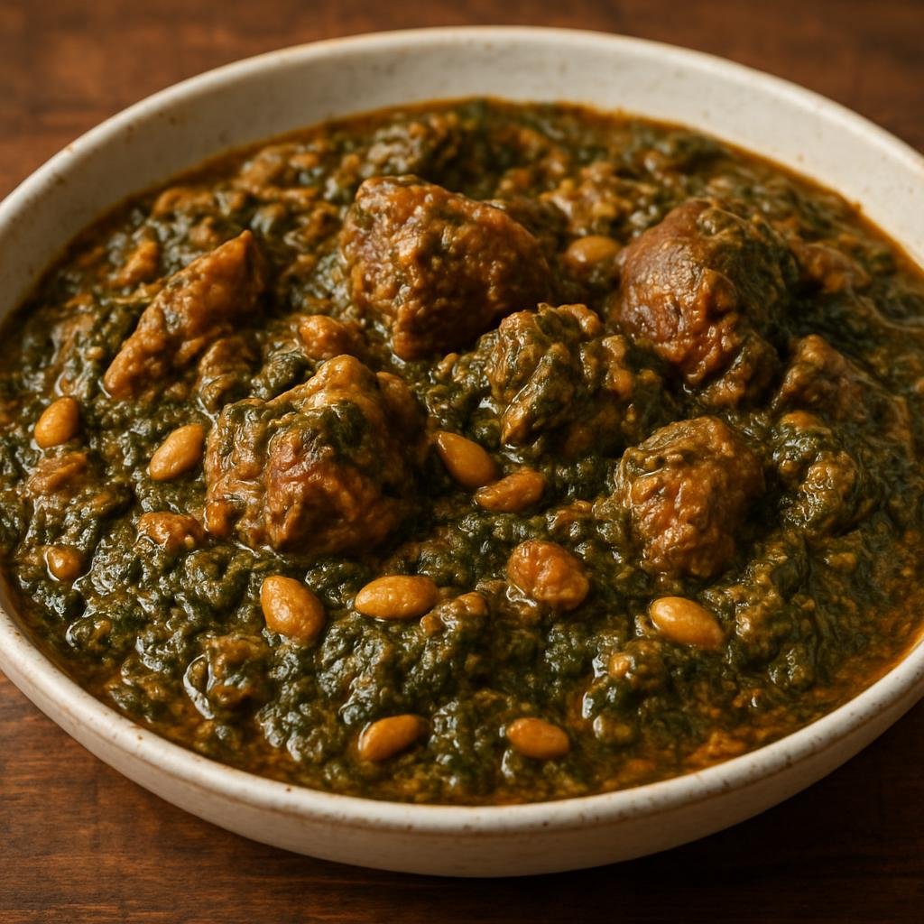 Entree: Guinea – Lafidi (Hearty West African stew of cassava leaves slow-cooked with meat and peanut) recipe