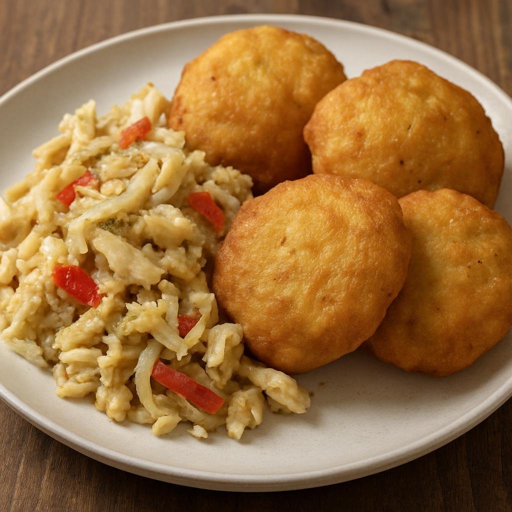 Entree: Guyana – Bora and Saltfish (Fried split-pea fritters served with sautéed salted cod) recipe