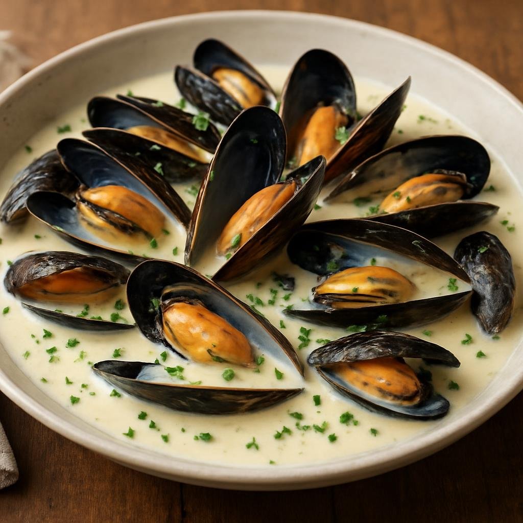 Entree: Jersey – Jersey Mussels in Cream Sauce (Fresh Channel Island mussels steamed and served in a rich white wine and cream sauce) recipe