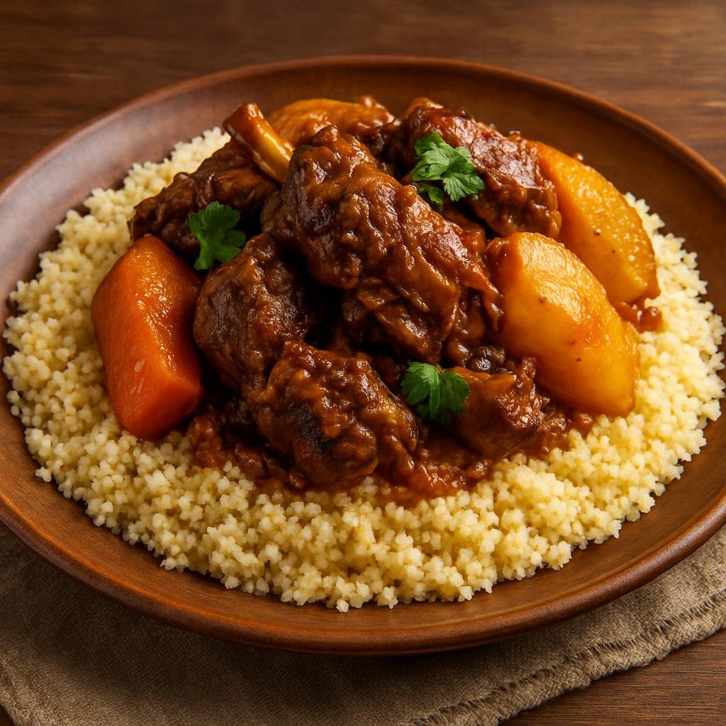 Entree: Mali – Couscous with Lamb (Steamed semolina grains served with slow-cooked spiced lamb and vegetables) recipe